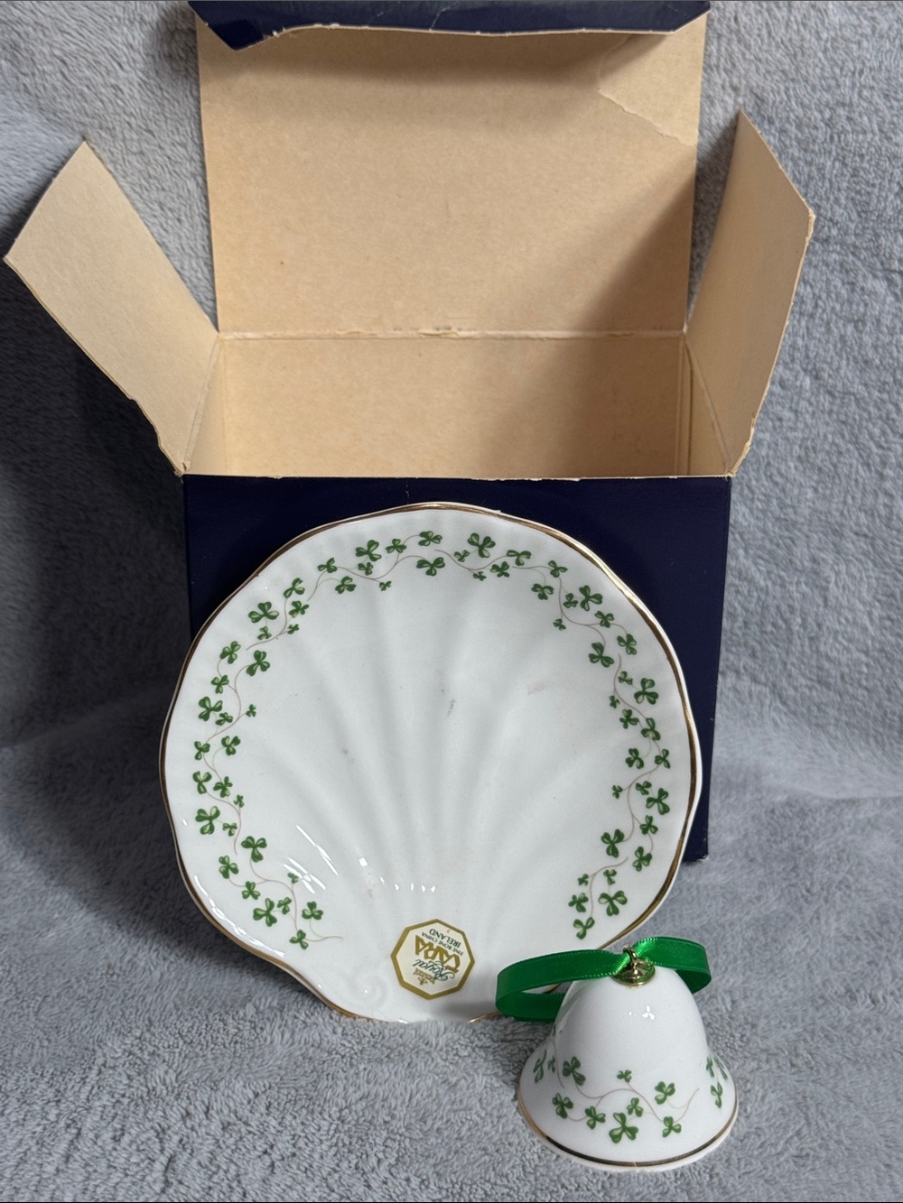 Vintage Royal Tara Fine Bone China Shamrock Shell Dish And Bell